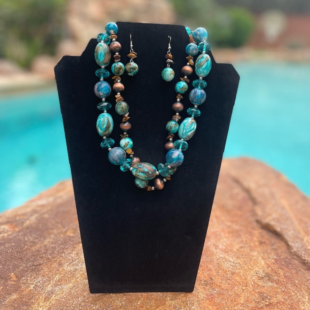 Double Strand Turquoise and Brown Beaded Necklace and Earrings Set